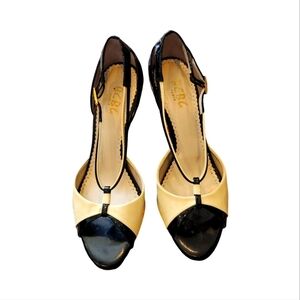 BCBG PARIS Black and Butter Yellow Heels with Ankle Straps